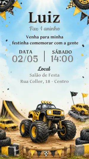 Convite de Aniversário Monster Truck: Modelo Digital Editável