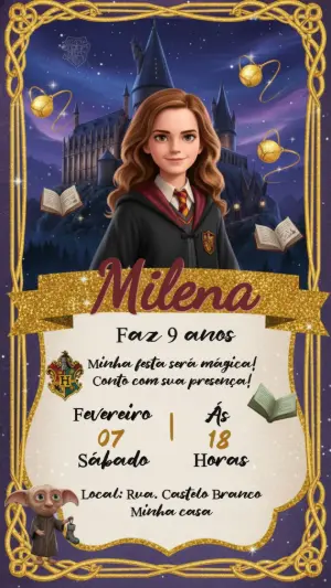 Convite Digital Mágico Harry Potter com Hermione para Editar