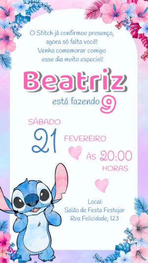 Convite Aniversário Stitch Aquarela para Editar Online
