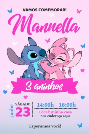 Convite Aniversário Stitch e Angel Rosa para Editar Online
