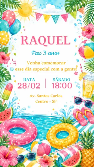 Convite de Aniversário Pool Party Aquarela para Editar