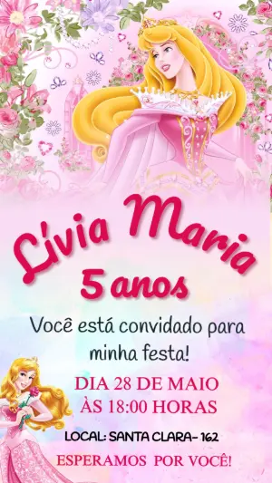 Convite Aniversário Bela Adormecida Rosa Floral para Editar