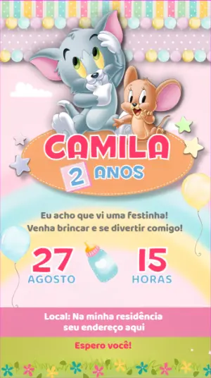 Convite de Aniversário Tom e Jerry Baby para Editar Online