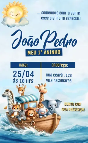 Convite de Aniversário Arca de Noé Fofo para Editar