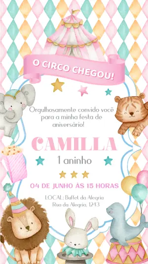 Convite Aniversário Circo Aquarela com Animais para Editar