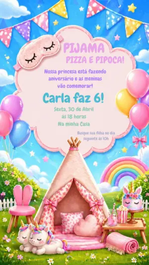 Convite Festa do Pijama Unicórnio Colorido para Editar
