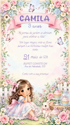 Convite de Aniversário Jardim Encantado Lilás Editável