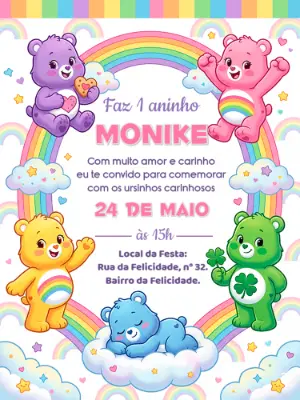 Convite de Aniversário Ursinhos Carinhosos Colorido Editável