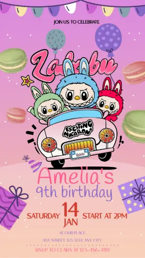 Cute Labubu Macaron Party Invitation for Kids | Digital Template