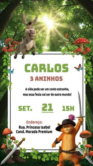 Convite Aniversário Shrek com Personagens para Editar Online