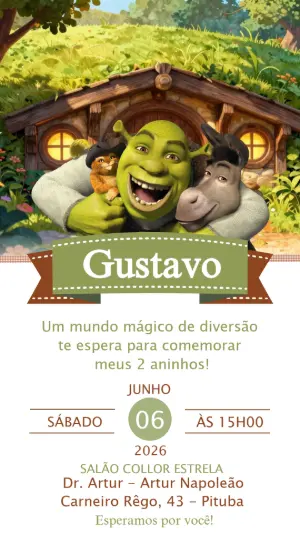 Convite Digital Aniversário Tema Shrek e Amigos Editável