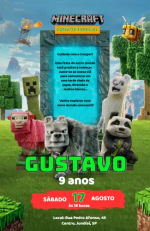 Convite Digital Minecraft com Personagens 3D para Editar