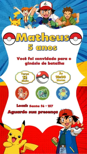 Convite de Aniversário Pokémon Editável com Ash e Pikachu