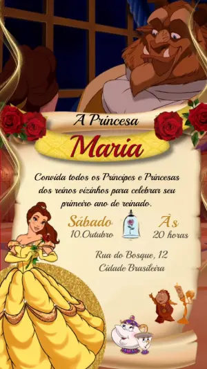 Convite Animado A Bela e a Fera: Modelo Elegante para Editar