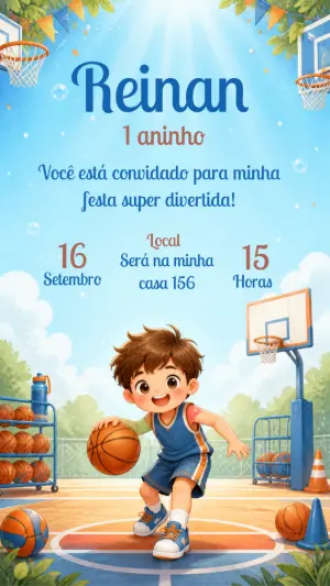 Convite de Aniversário Basquete Infantil Modelo Editável
