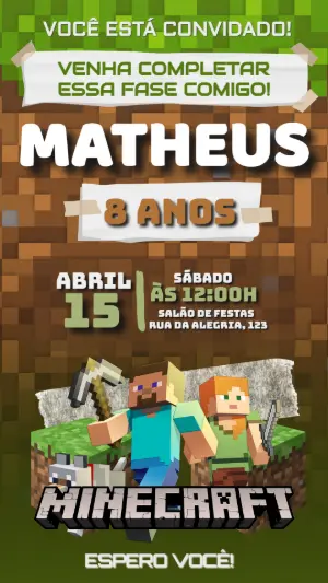 Convite de Aniversário Minecraft Pixelado para Editar