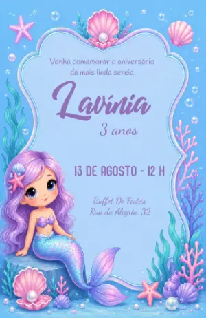 Convite Animado Pequena Sereia Aquarela para Editar