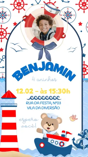 Convite Digital Ursinho Marinheiro para Aniversário Editável