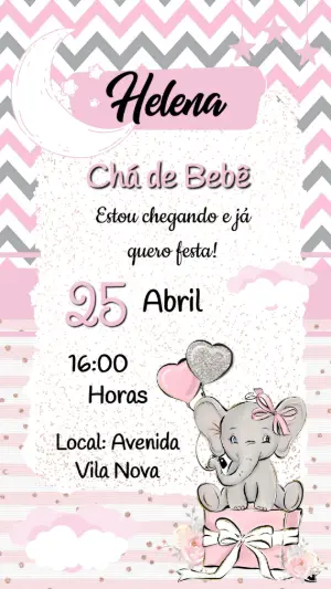 Convite Chá de Bebê Elefantinha Rosa e Cinza para Editar