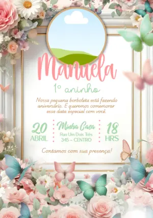Convite Aniversário Floral Borboletas com Foto Editável