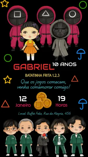 Convite Aniversário Round 6 com Personagens para Editar Online
