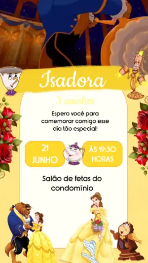 Convite Animado Aniversário A Bela e a Fera para Editar