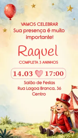 Convite de Aniversário Circo Menina Aquarela Editável