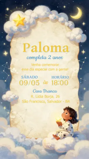 Convite de Aniversário Infantil Céu Estrelado Modelo Editável