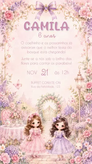 Convite de Aniversário Bosque Encantado Menina Editável
