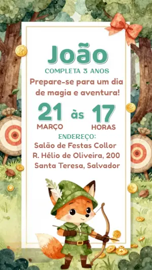 Convite Editável Aniversário Infantil Raposa Arqueira Aventura
