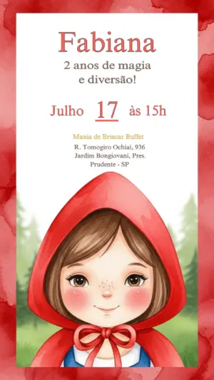 Convite Aniversário Chapeuzinho Vermelho Aquarela para Editar