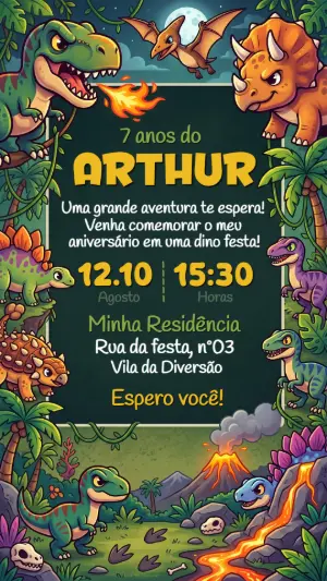 Convite de Aniversário Dinossauro Infantil para Editar