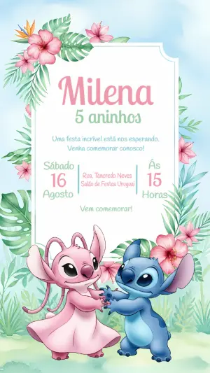 Convite Aniversário Stitch e Angel Tropical para Editar Online