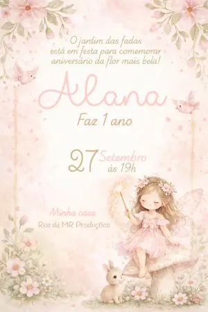 Convite de Aniversário Jardim das Fadas Aquarela Editável