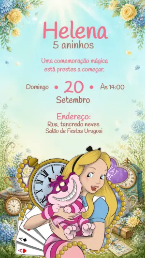Convite de Aniversário Alice no País das Maravilhas Editável