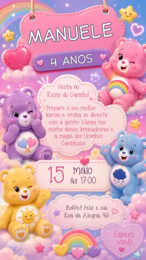 Convite de Aniversário Ursinhos Carinhosos para Editar