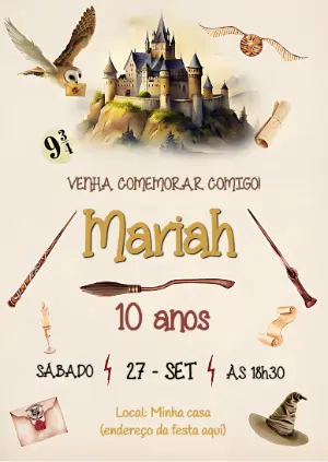 Convite de Aniversário Harry Potter Editável para Festa Mágica