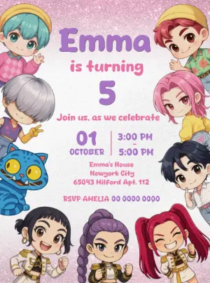 Demon Hunter K-Pop Chibi Birthday Invitation Editable Digital Template