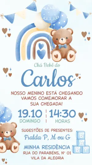 Convite Chá de Bebê Ursinho Aquarela Azul Editável