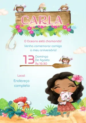 Convite Aniversário Moana Baby com Personagens para Editar Online