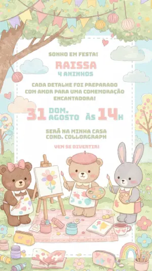 Convite Aniversário Ursinhos Pintando Estilo Aquarela para Editar