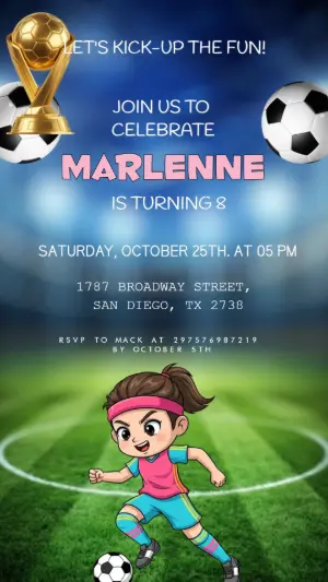 Animated Girl's Soccer Birthday Video Invitation Template