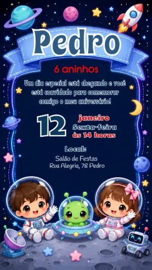 Convite de Aniversário Astronauta Infantil para Editar