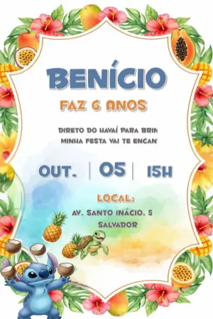 Convite de Aniversário Stitch Tropical para Editar Online
