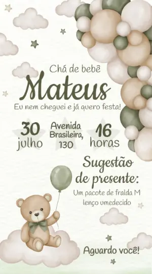 Convite Chá de Bebê Ursinho com Balões Verde Editável