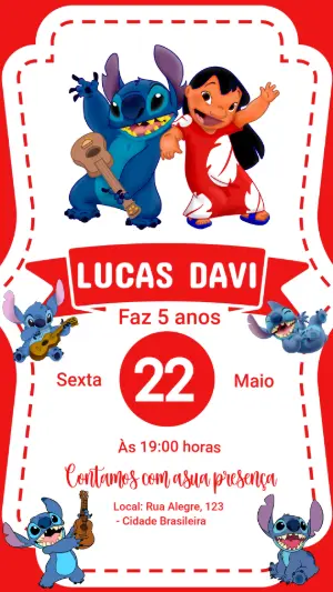 Convite de Aniversário Lilo & Stitch Vermelho para Editar Online