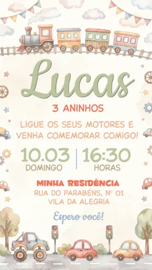 Convite de Aniversário Meios de Transporte Aquarela Editável