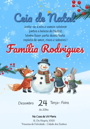 Convite Digital para Ceia de Natal com Ilustração Fofa para Editar