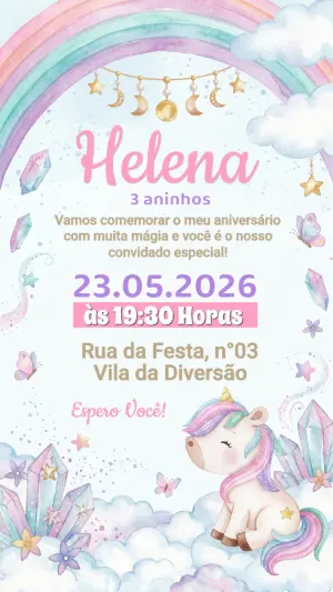 Convite de Aniversário Unicórnio Mágico Editável