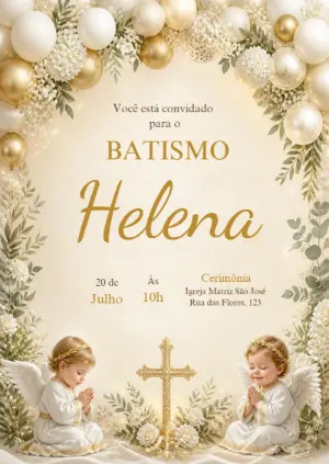 Convite de Batismo Anjinhos Branco e Dourado para Editar Online